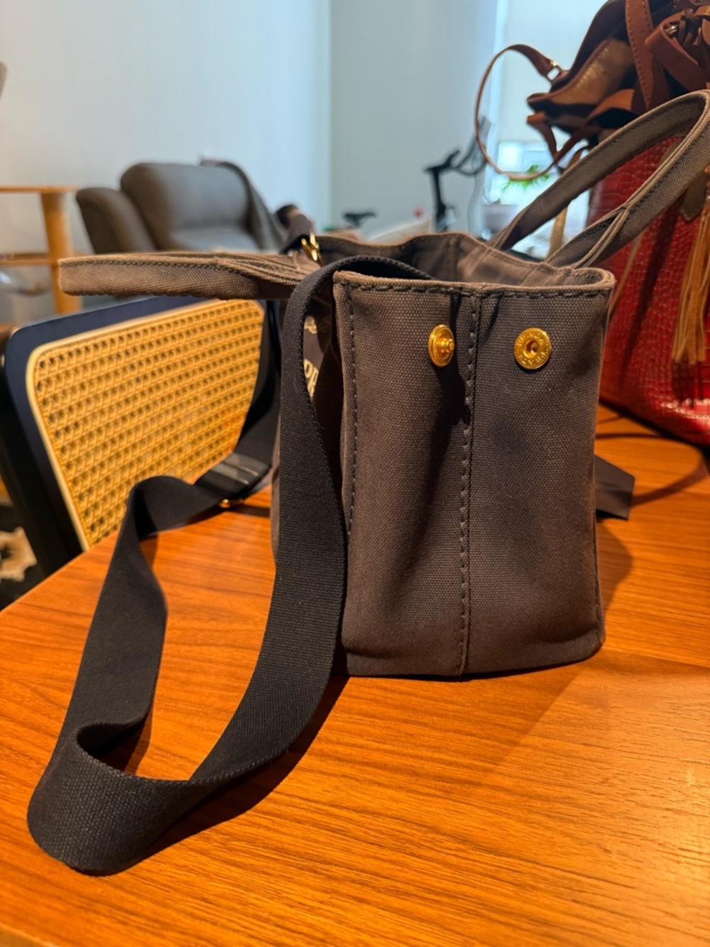 Prada Black Canvas Mini Tote with Gold Logo Print - Picture 3 of 5